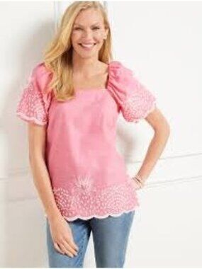 Talbots Women’s Linen Blend Square Neck Embroidered Pineapple Blouse Size MP